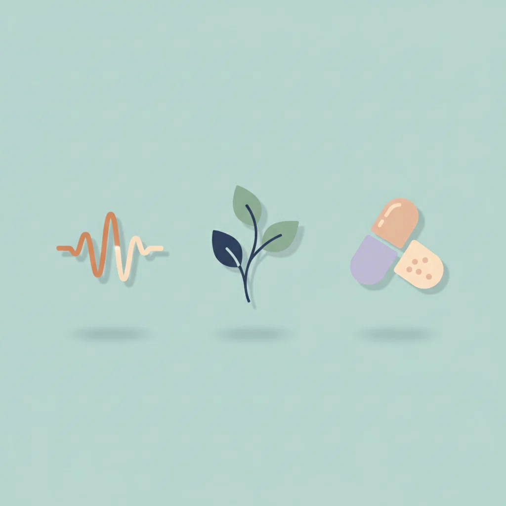 Flat-lay infographic showing sound wave, botanical leaf and capsule icons representing nutrients for normal nervous system function